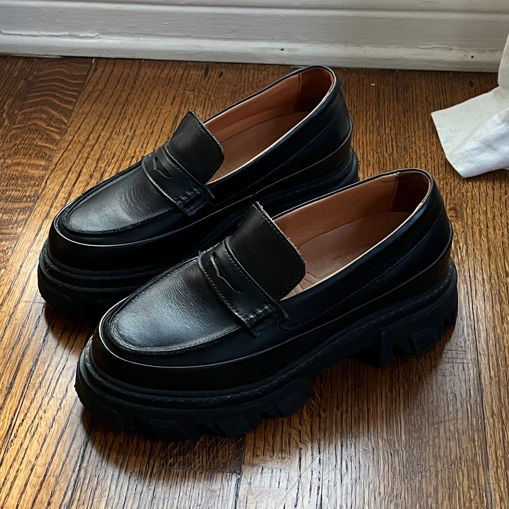 GANNI Black Leather Platform Loafers